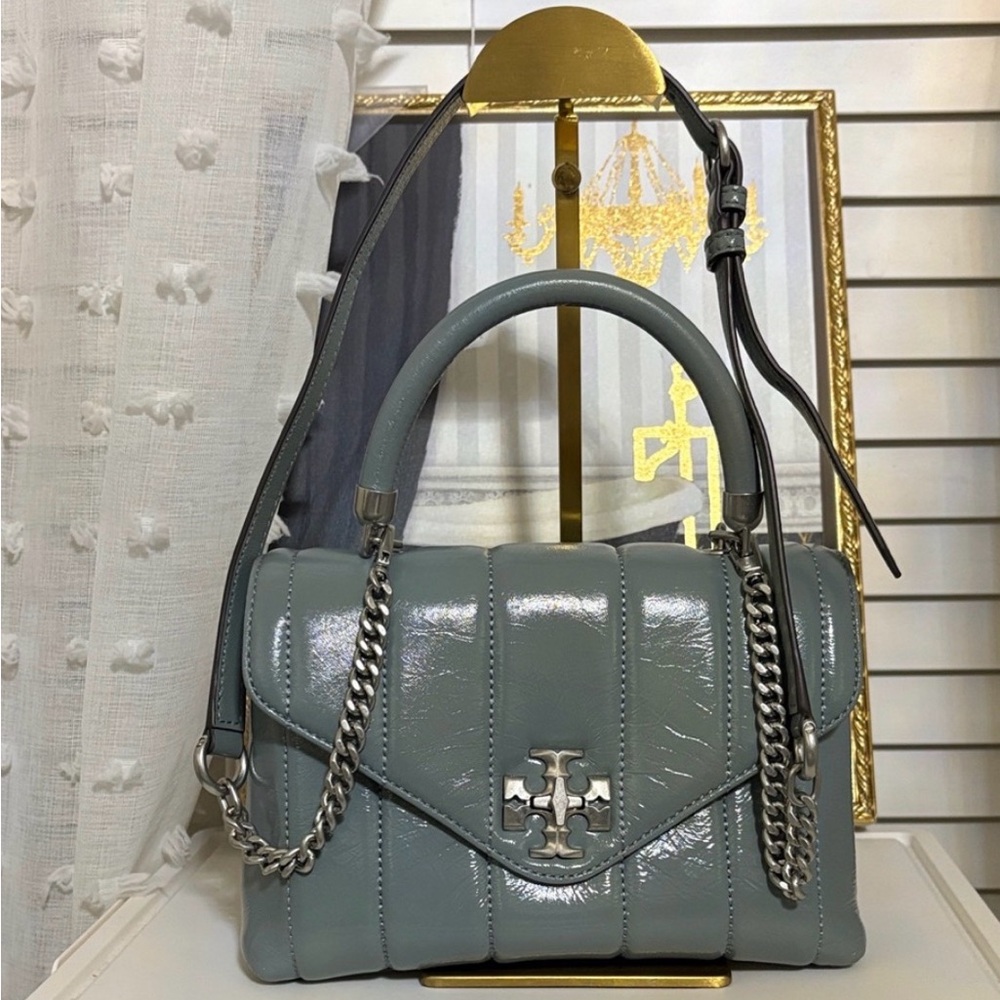 Tory Burch🍀light Gray Small Kira chain Quilted Leather Crossbody Bag-Beautiful - Picture 4 of 14